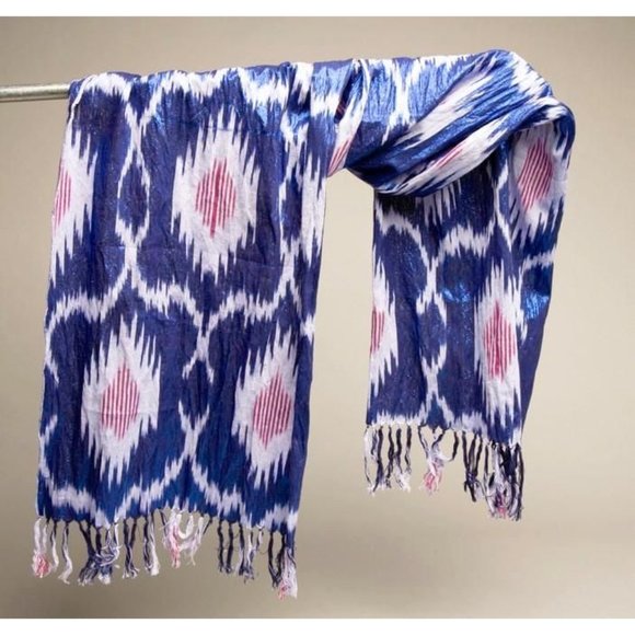 Long Oblong Fringed Scarf Metallic Blue Pink Design Vintage Accessory - Picture 3 of 4